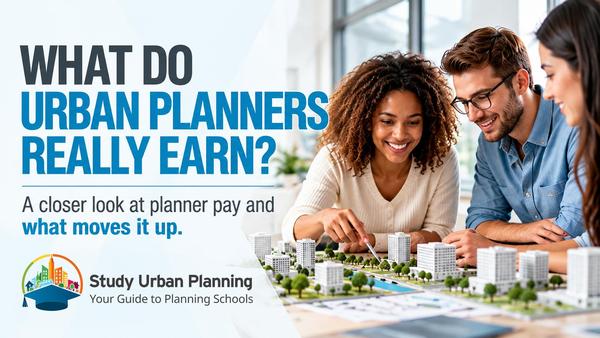 A smiling young woman points to a white scale model of city blocks and trees as two colleagues look on, illustrating a career in urban planning.