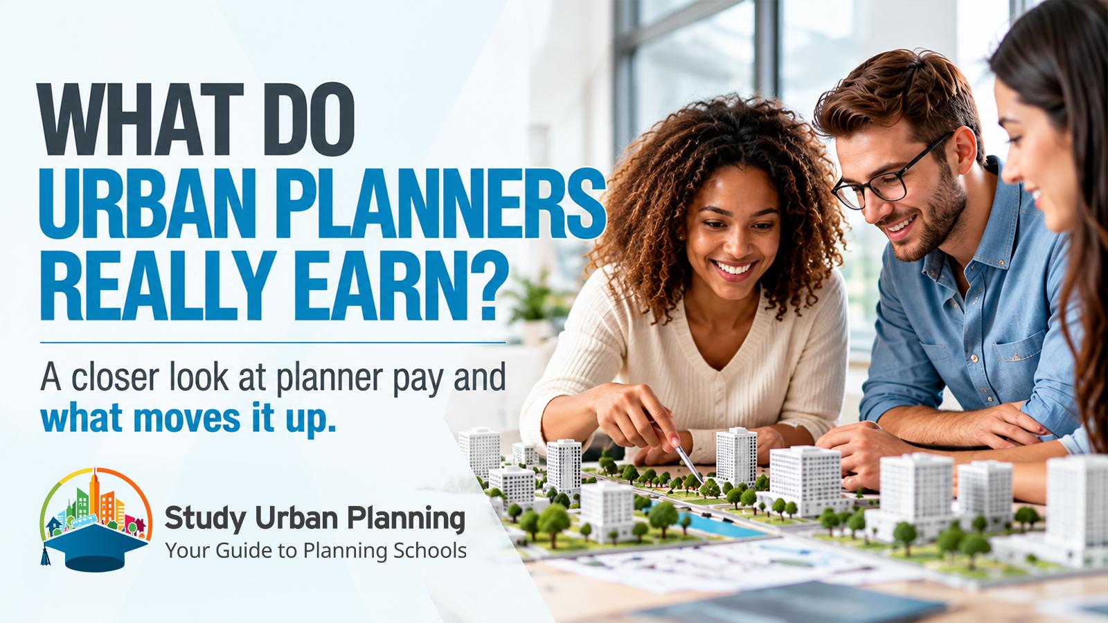 A smiling young woman points to a white scale model of city blocks and trees as two colleagues look on, illustrating a career in urban planning.