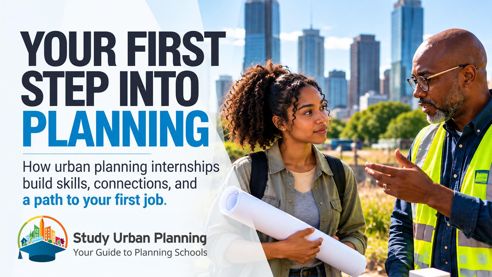 A student holding rolled plans listens to an experienced planner in a safety vest at an outdoor site, with a city skyline and trees behind them.