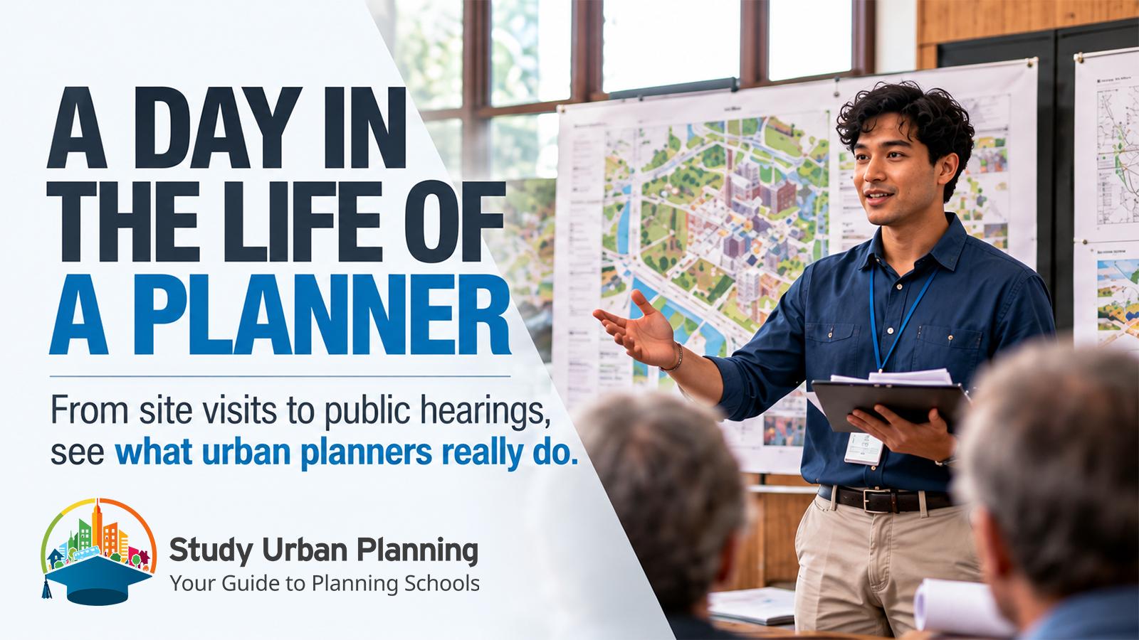 A young urban planner presents to community members in a meeting room, standing before large colorful neighborhood maps and holding a clipboard.