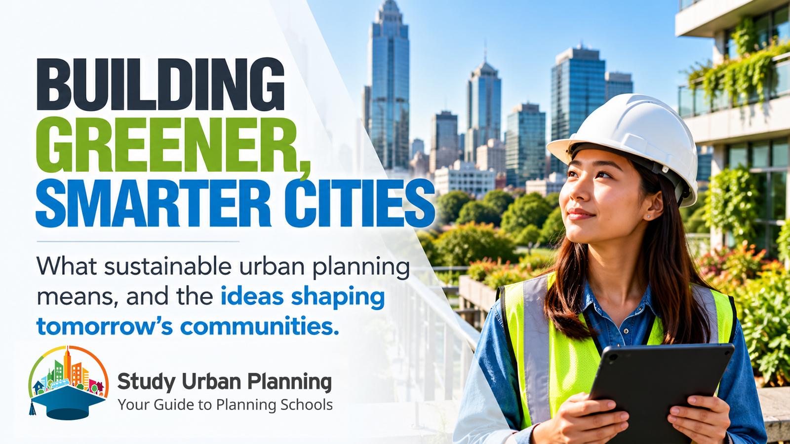 A young planner in a hard hat and safety vest holds a tablet on a planted rooftop terrace, with a sunny city skyline and green buildings behind her.