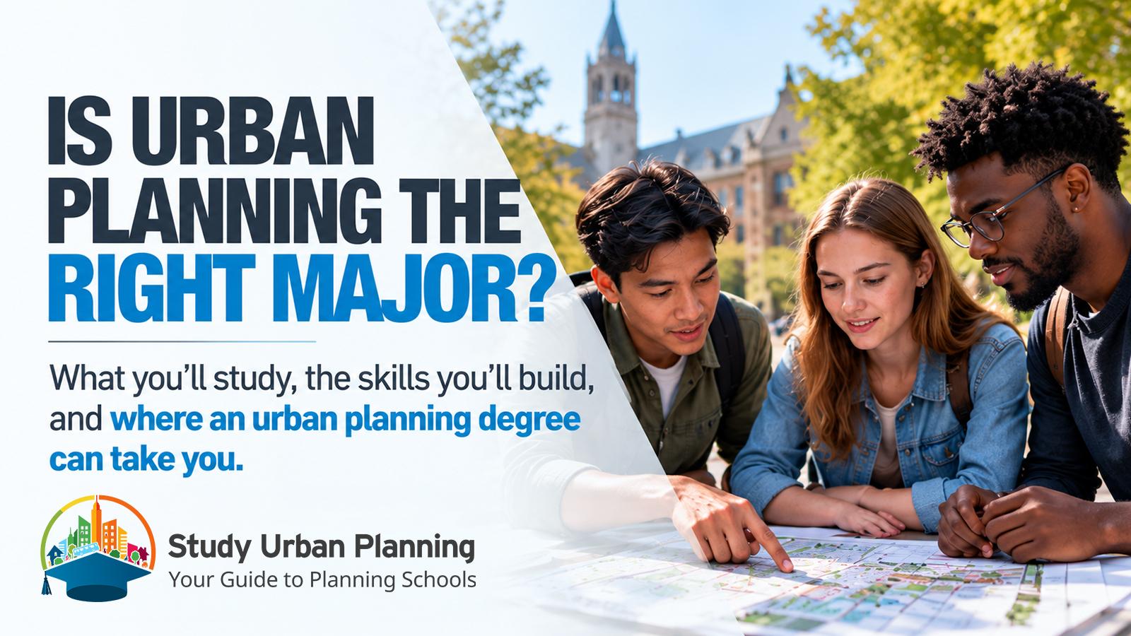 Three students lean over a map at an outdoor table, discussing ideas, with sunlit autumn trees and a historic building in the background.