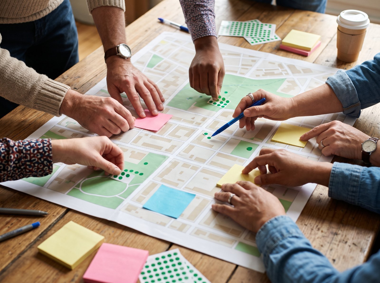Close-up of several hands placing sticky notes and colored dots on a printed neighborhood map during a community planning workshop.