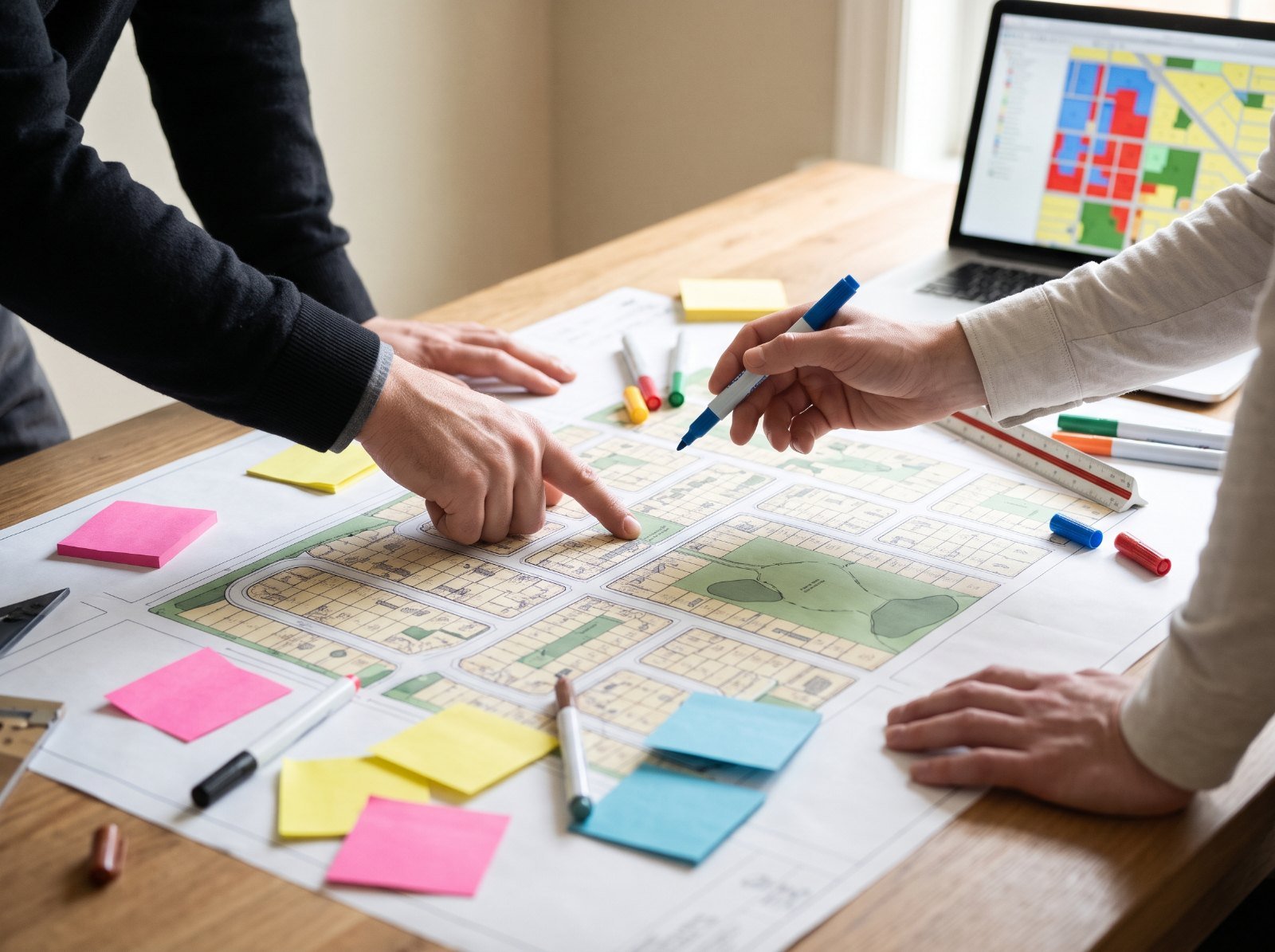 Two people's hands pointing to a printed neighborhood site plan with streets and parks, surrounded by markers and sticky notes, beside a laptop showing a color-coded zoning map.