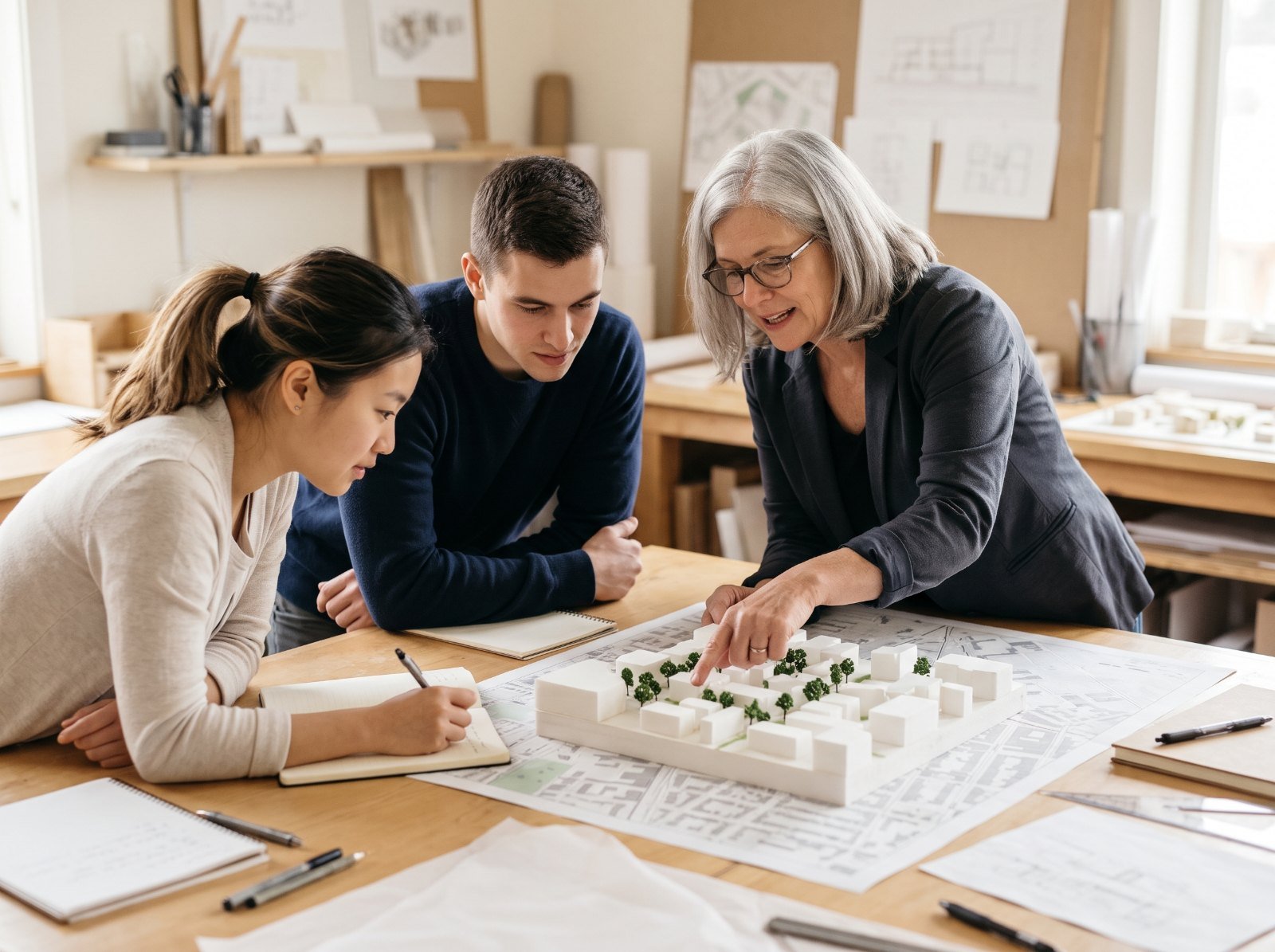 Two young planning interns take notes as an experienced planner points to a white architectural model of a neighborhood set on a printed street map.