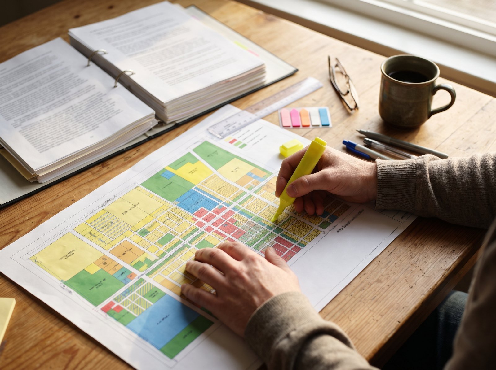 Overhead view of a planner's hands highlighting a color-coded zoning map on a wooden desk beside an open code binder, a coffee mug, and glasses.