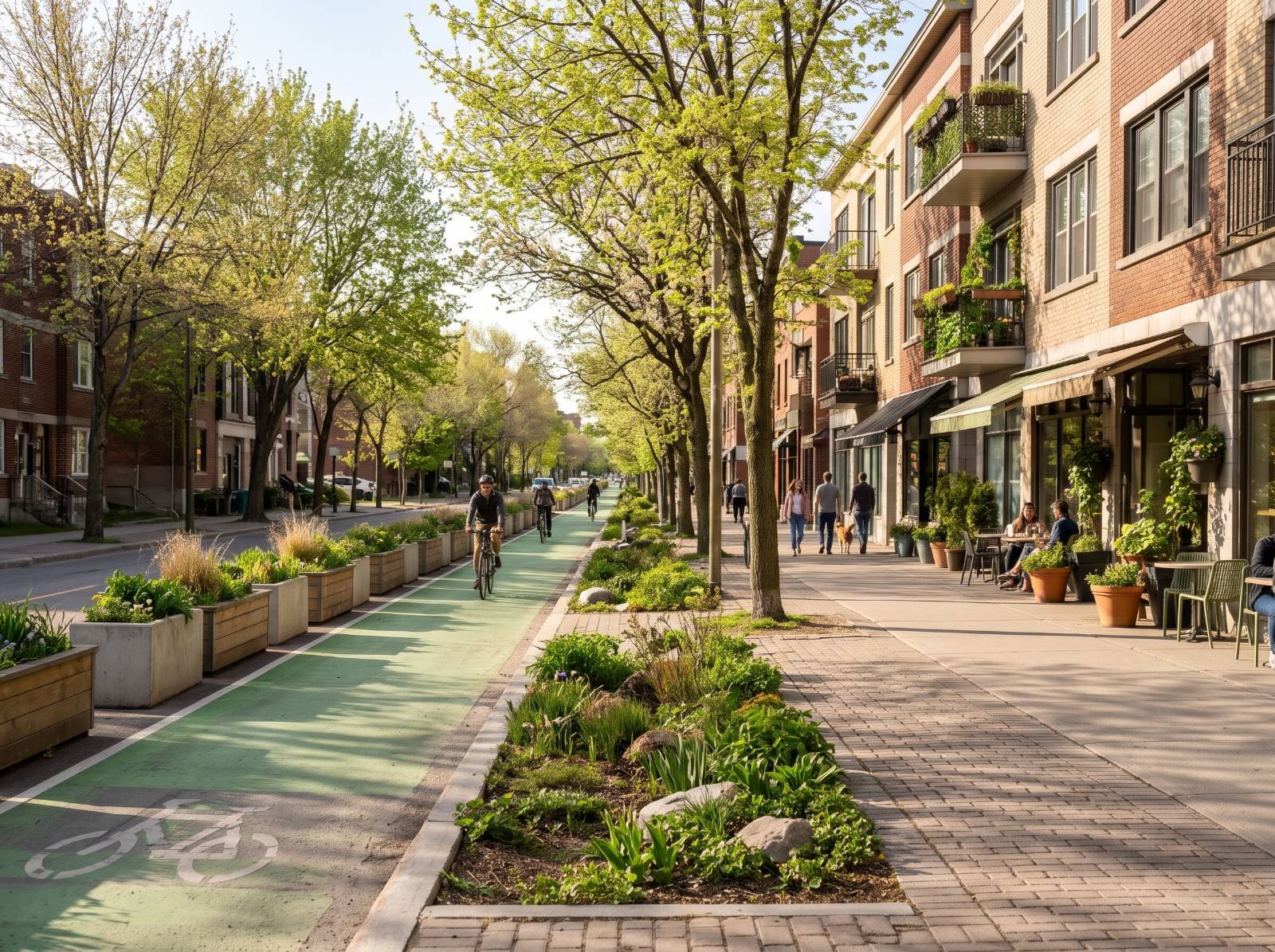 A tree-lined main street with a protected green bike lane, planted rain garden strip, wide sidewalks, and brick buildings with cafes on the ground floor.