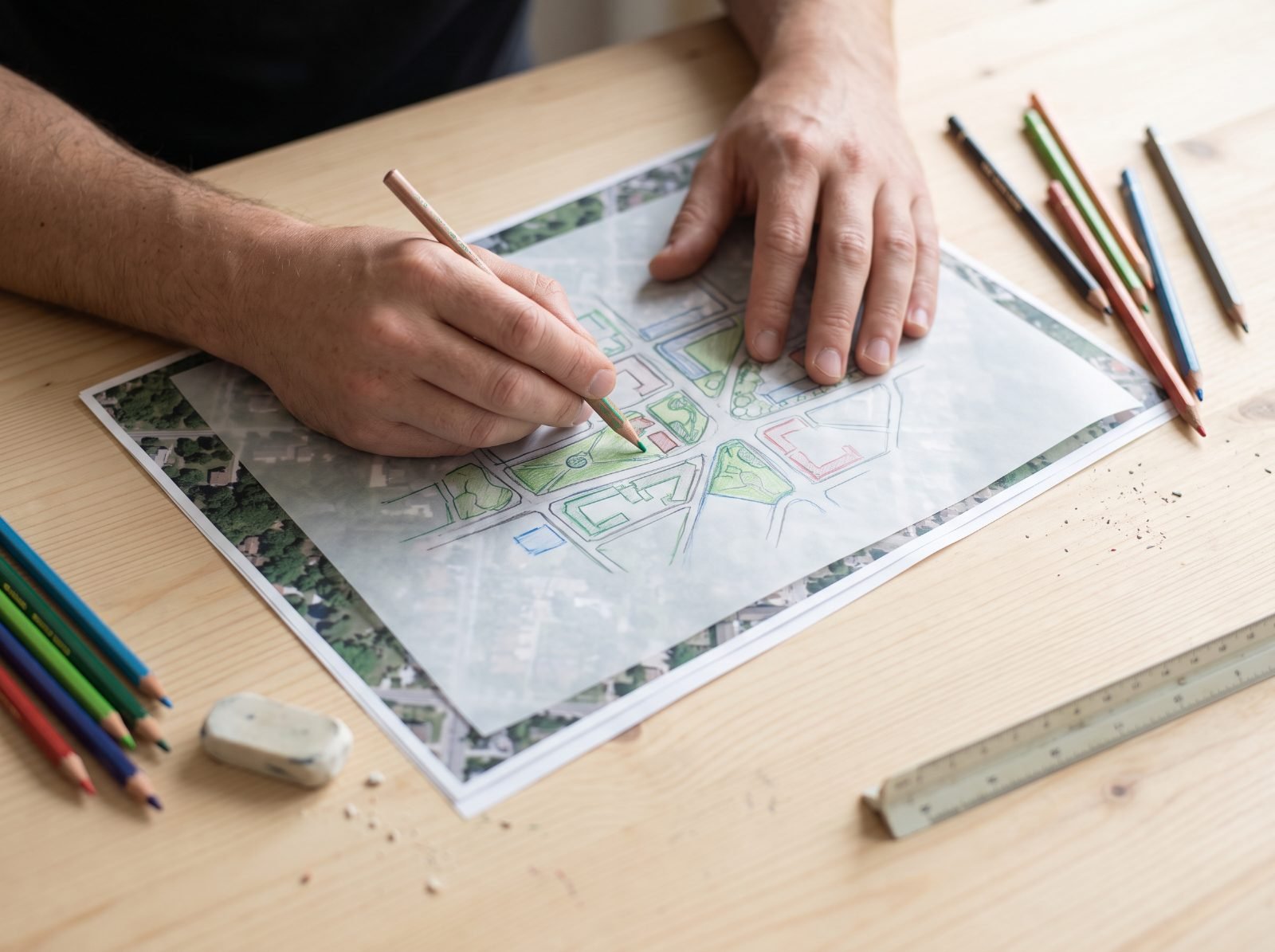 A student's hands sketching a neighborhood street plan with colored pencils on tracing paper laid over an aerial map, with a scale ruler and eraser nearby.